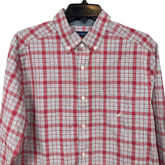 Nautica Button Down Shirt Mens Medium Red Gray Plaid Classic Fit Embroidered - Picture 4 of 9